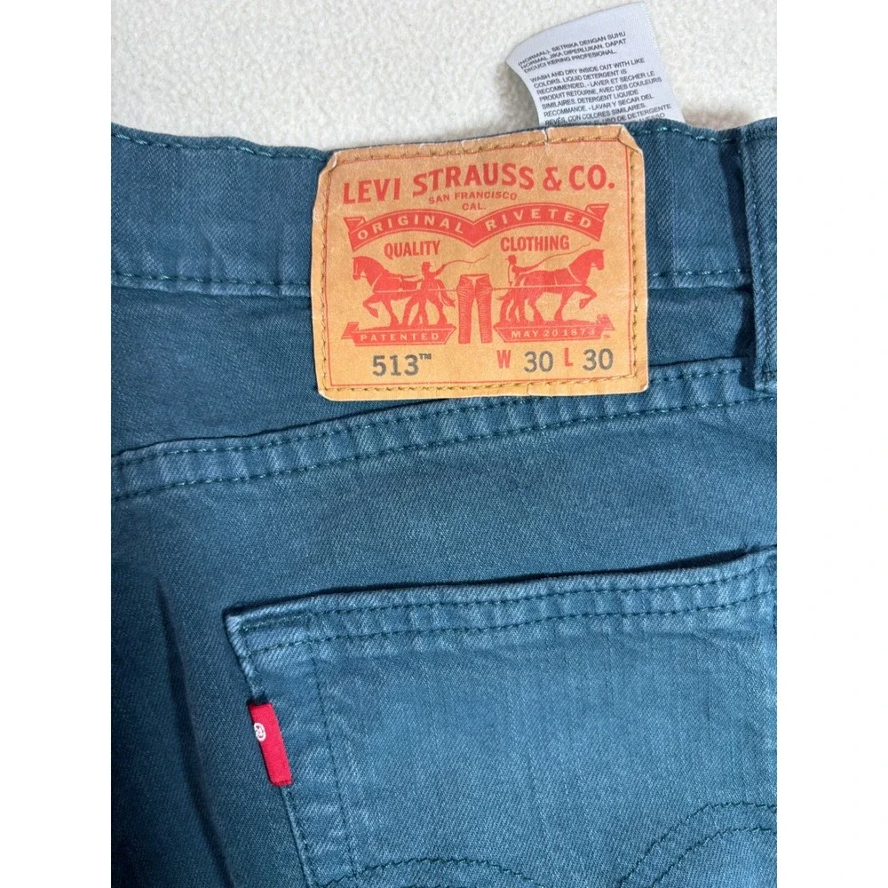 Levis 513‎ Slim Straight Jeans Mens 30x30 Teal Blue Green Denim Pants 085130367